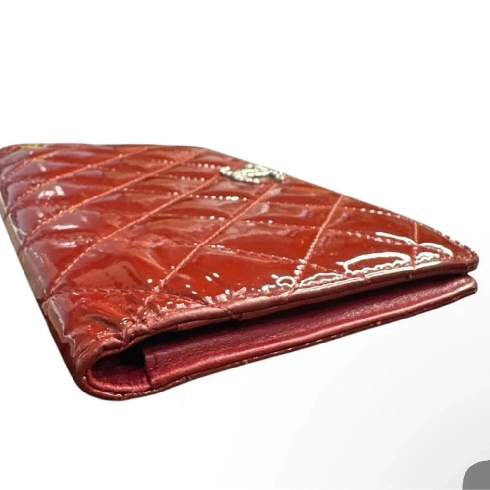 CHANEL Red Quilted Patent Leather Wallet with Silver CC Logo